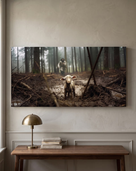 Panoramic lost lamb canvas hung on a plaster villa wall, front view