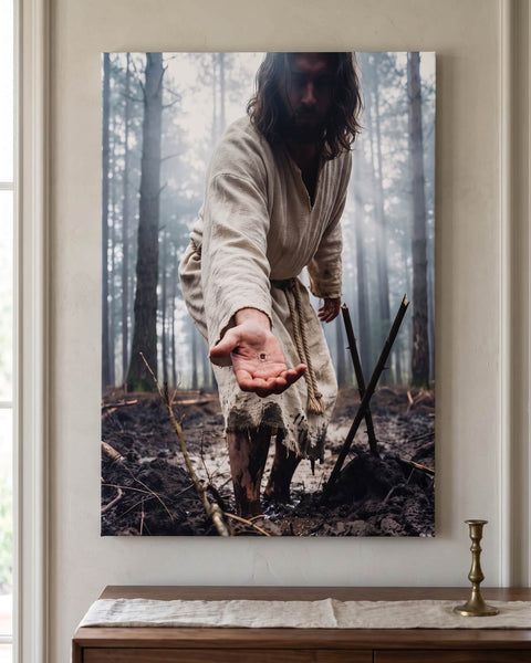 Jesus in a mud-stained cream robe reaching out a nail-scarred hand in a misty pine forest, printed on a gallery-wrapped canvas centered on a warm plaster wall