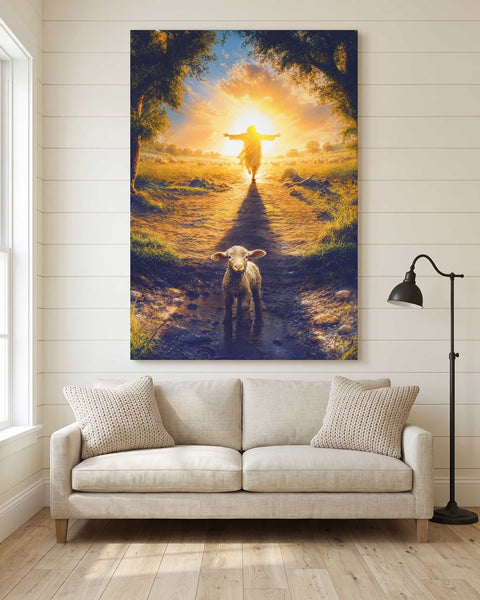 Lost lamb Christian canvas wall art hanging above a linen sofa in a modern farmhouse living room at midday