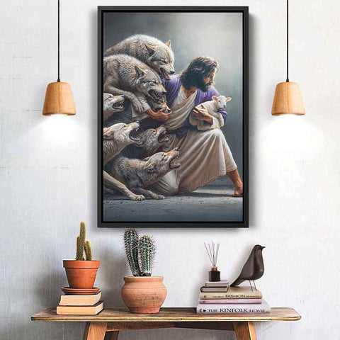 Jesus Rescues the Lost Lamb Framed Canvas – Christian Wall Art