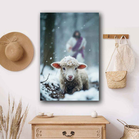 Jesus Running After Lamb Winter Season Christian Wall Art