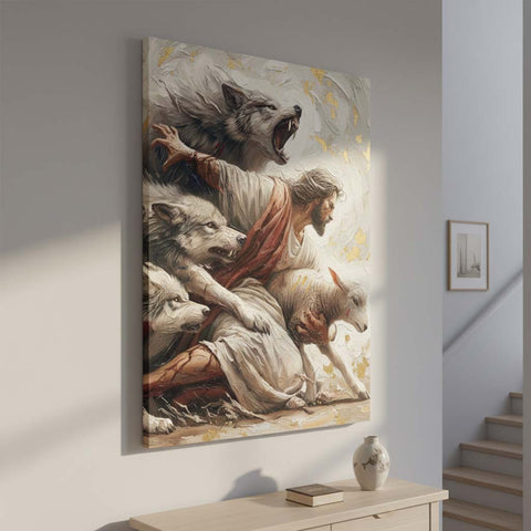 Jesus Protects the Lamb – Oil Painting Christian Canvas Wall Art