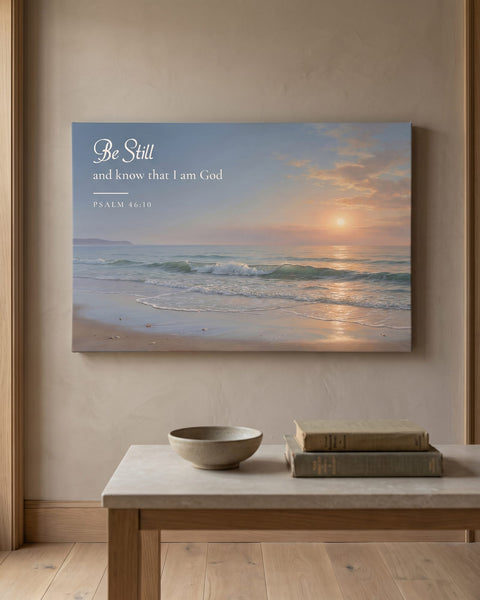 Be Still and Know painting-style canvas of an ocean sunrise with low waves on an empty beach, hanging on a taupe plaster wall