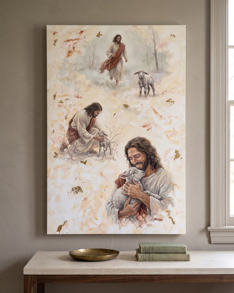 Canvas print of Jesus running to a lost lamb in the rain, kneeling to free it from a thornbush and holding it close, front view on a greige plaster wall
