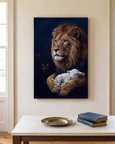 Canvas print of a lion keeping watch over a sleeping white lamb with wolves' eyes glowing in the dark, front view on a cream plaster wall