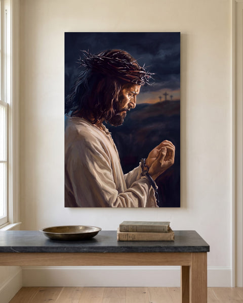 Oil-painting style canvas of Jesus in profile wearing the crown of thorns, one wrist in an iron shackle, front view on an ivory plaster wall
