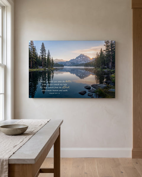 Mountain lake sunrise canvas with Psalm 121:1-2 hanging on a warm greige limewashed plaster wall