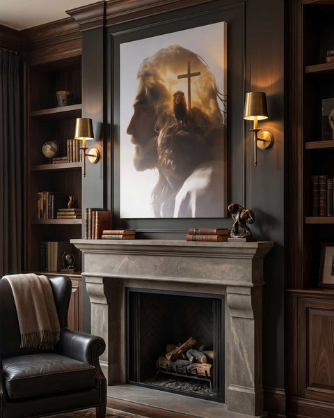 Jesus and Lion of Judah double-exposure canvas hanging above a stone fireplace in a masculine luxury den