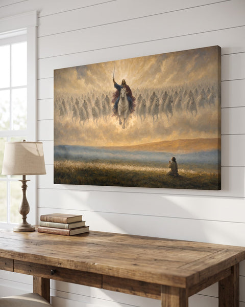 Second Coming of Christ canvas hung above a home office desk with daylight
