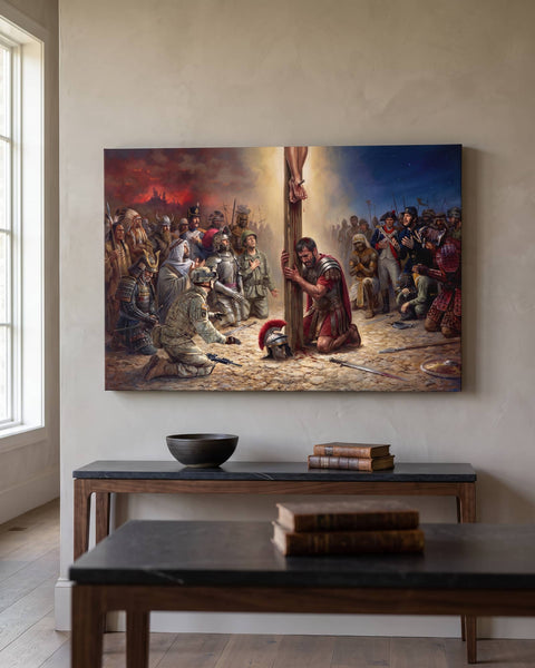 Oil painting canvas of a Roman centurion weeping at the foot of the cross among kneeling soldiers of every age, front view on a greige plaster wall above a walnut console