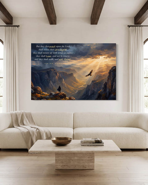 Isaiah 40:31 canvas wall art above an ivory sofa in the great room of a Mediterranean luxury villa