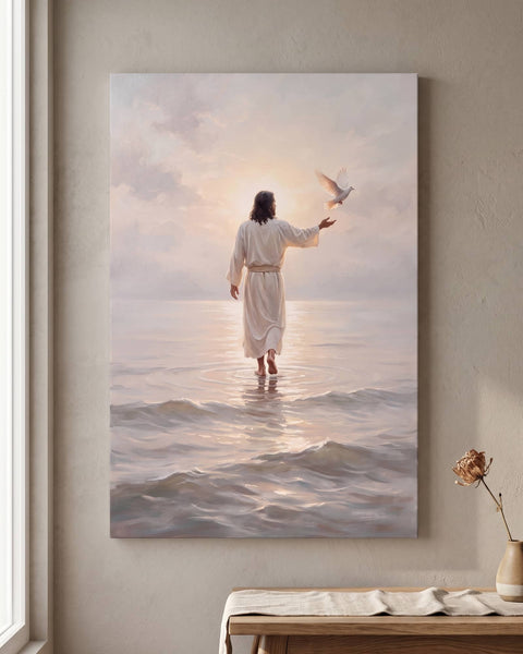 Jesus walking on the sea canvas hung on a plaster living room wall, front view