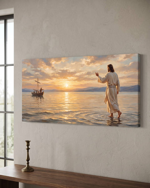 Panoramic canvas of Jesus walking on the Sea of Galilee at sunset, hanging on a warm plaster wall above a walnut console