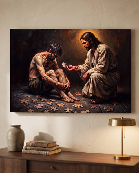 Dark oil painting canvas of Christ kneeling to offer a broken man the missing puzzle piece, hung above a walnut console