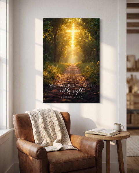 Forest path scripture canvas above a leather armchair and open Bible in a quiet reading corner