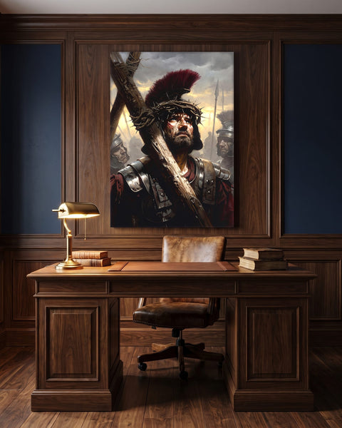 Roman soldier bearing the cross canvas behind a walnut desk in a quiet study