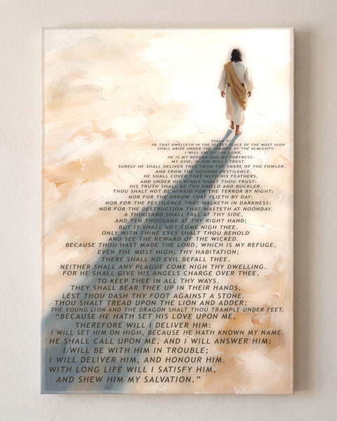 Full text of Psalm 91 KJV printed on canvas, shown straight on so every verse is readable