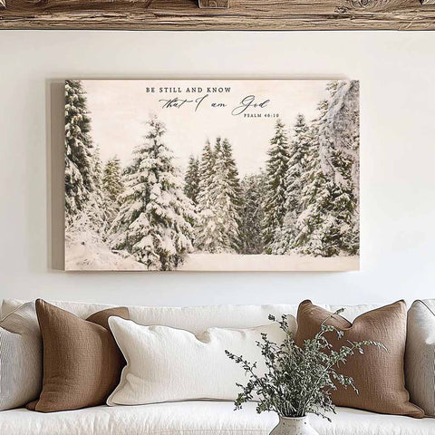 Be Still and Know – Snowy Forest Christian Canvas Wall Art