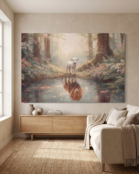 Lion and the Lamb Christian canvas print, stretched gallery-wrap, hanging above a living room console