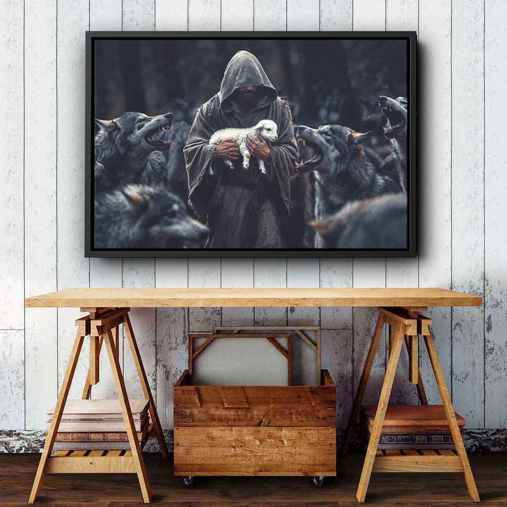Good Shepherd Protecting Lamb from Wolves Christian Wall Art – CupCus