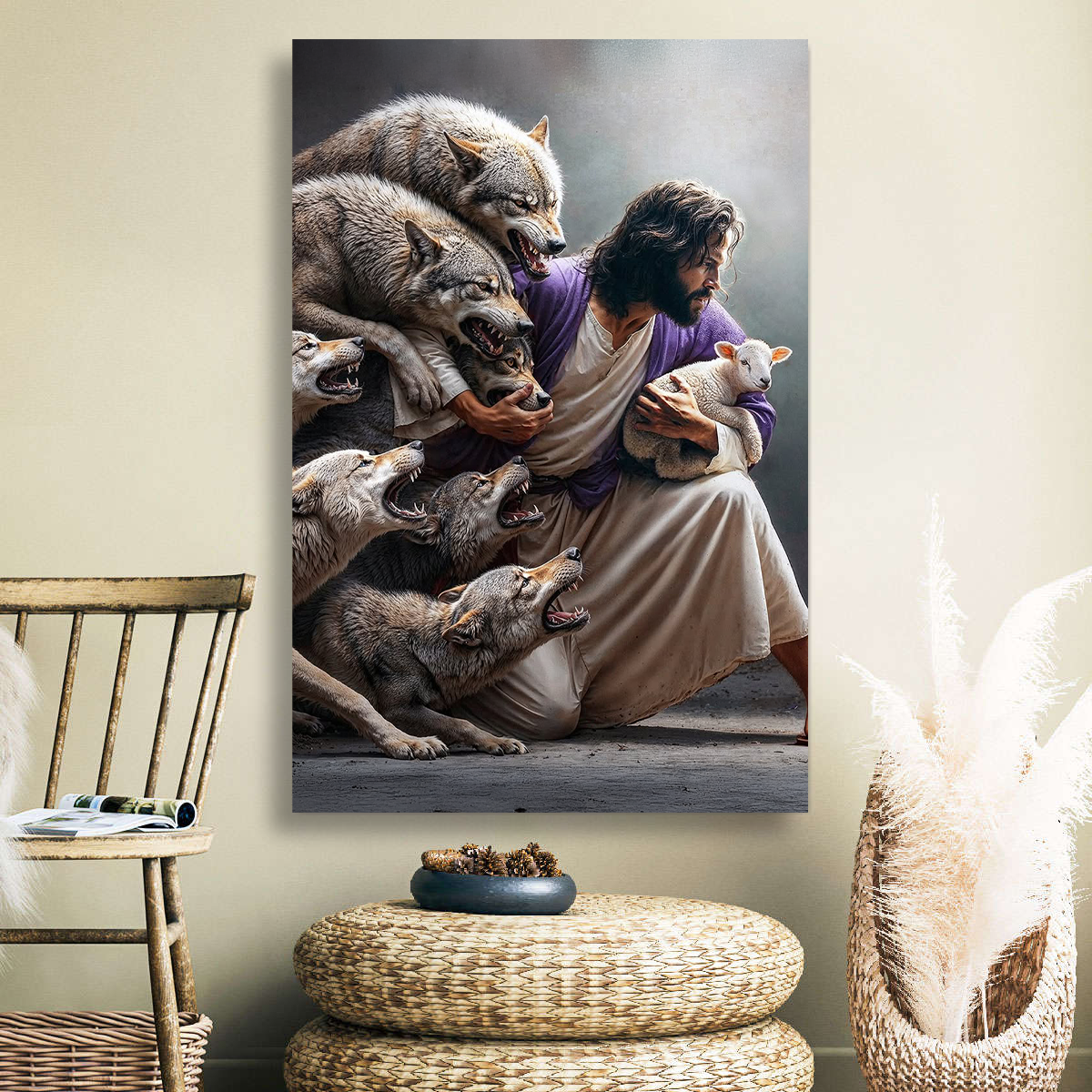 Jesus Guards the Lamb Against Wolves Christian Wall Art – CupCus