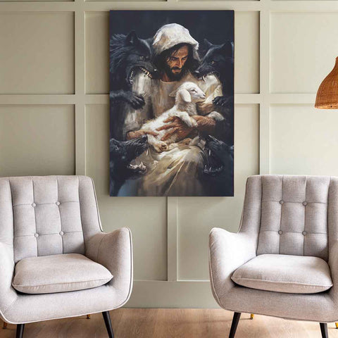 Jesus Saving A Lamb From Wolves Christian Wall Art