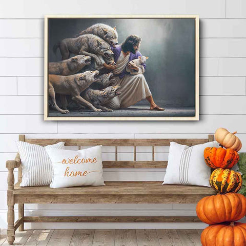 Jesus Protecting the Lamb Framed Canvas Wall Art – Christian Home Decor