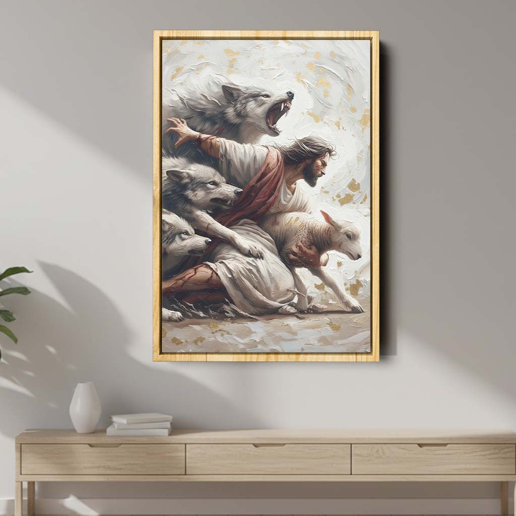 Jesus Protects the Lamb from Wolves – Framed Christian Wall Art Oil Pa ...