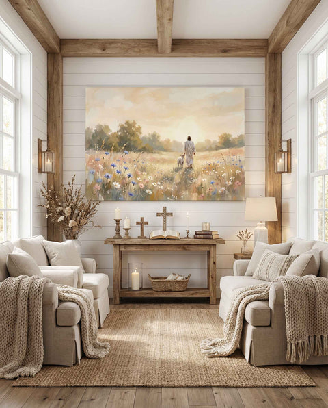 Jesus Walking With Lamb in Wildflower Field – Christian Canvas Wall Art