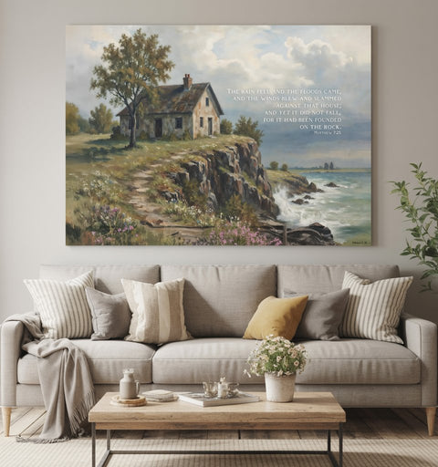 Matthew 7:25 Christian Canvas Art, Inspirational Faith Wall Decor