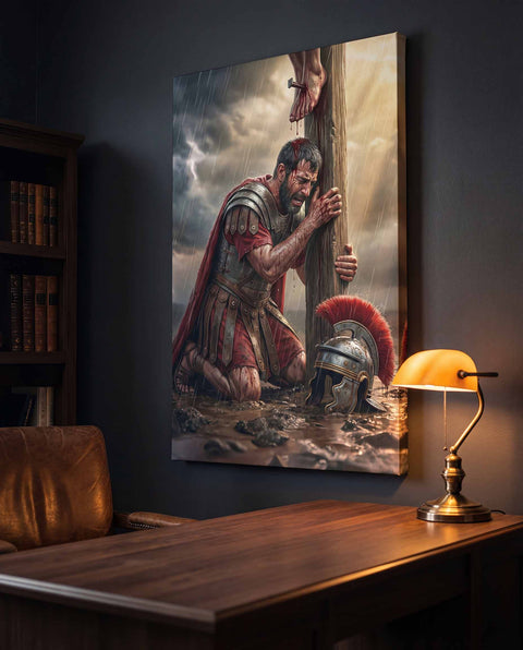 Roman Soldier at the Cross – Christian Redemption Canvas Art