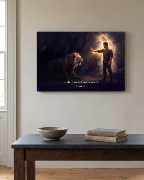 Oil painting canvas of a man raising his open hand against a roaring lion in a dark cave while a glowing Jesus stands behind him, front view on a greige plaster wall