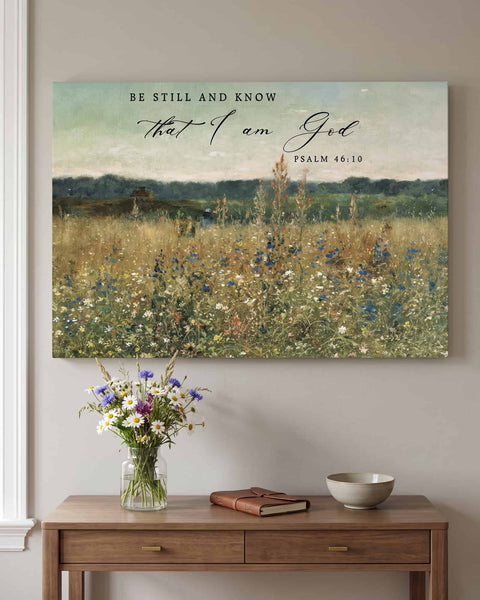 Psalm 46:10 wildflower canvas above a console table in a transitional-style entryway