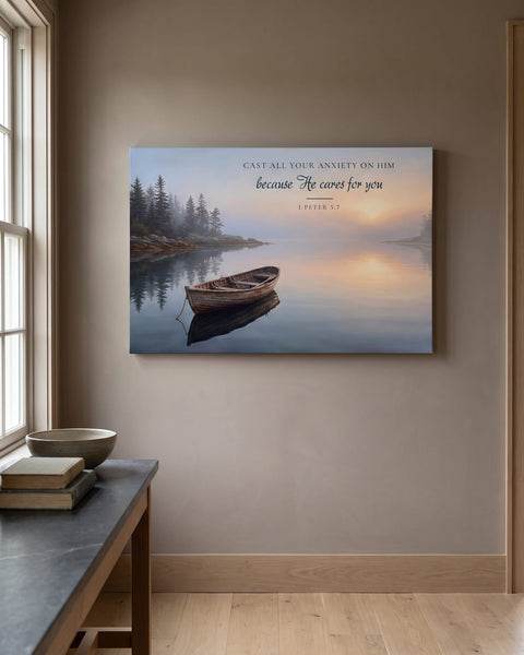 Painting-style canvas of an empty wooden rowboat on a still misty bay with 1 Peter 5:7, front view on a taupe plaster wall