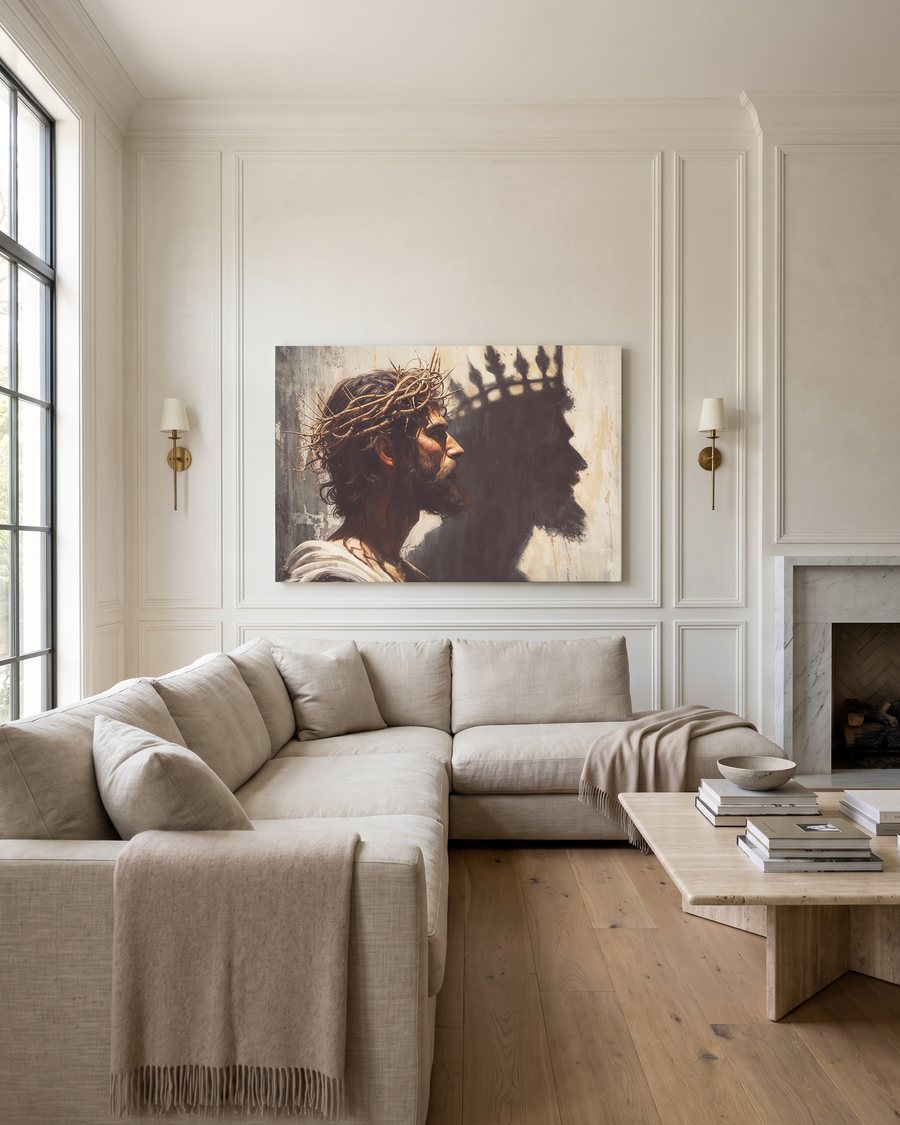 A 48 by 32 inch Jesus King of Kings canvas above a large sectional in a luxury American great room