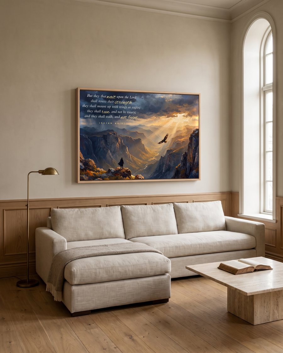 Isaiah 40:31 canvas in a sunlit living room with oak wainscot