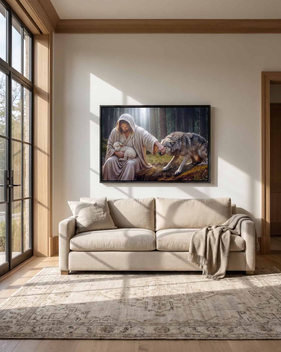 Jesus guarding the lamb canvas above a linen sofa