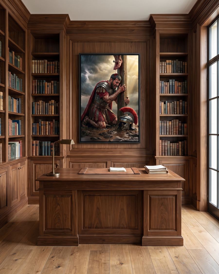 Roman Soldier at the Cross canvas in a walnut library study
