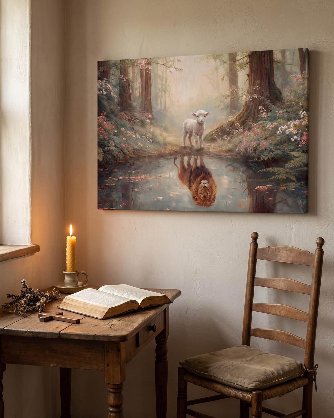 The Lion and the Lamb canvas above a prayer corner with an open Bible