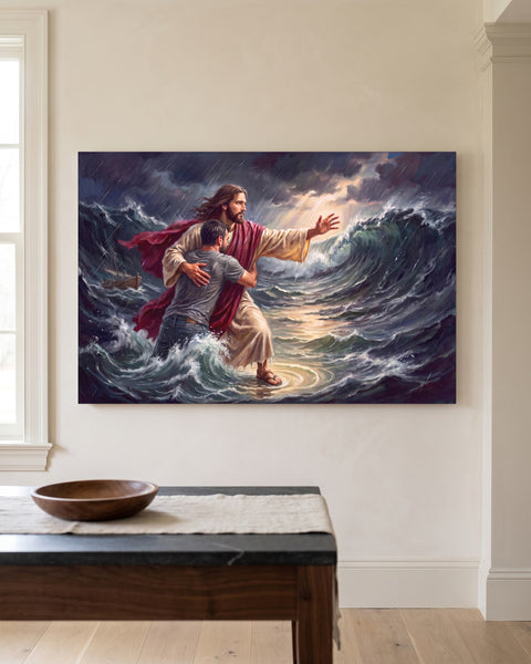 Front view of a landscape canvas print showing Jesus standing on a stormy night sea with one arm around a modern man, hung on an ivory plaster wall