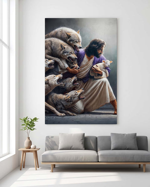 Jesus protecting a lamb from wolves canvas on a clean white wall in a bright modern minimalist living room