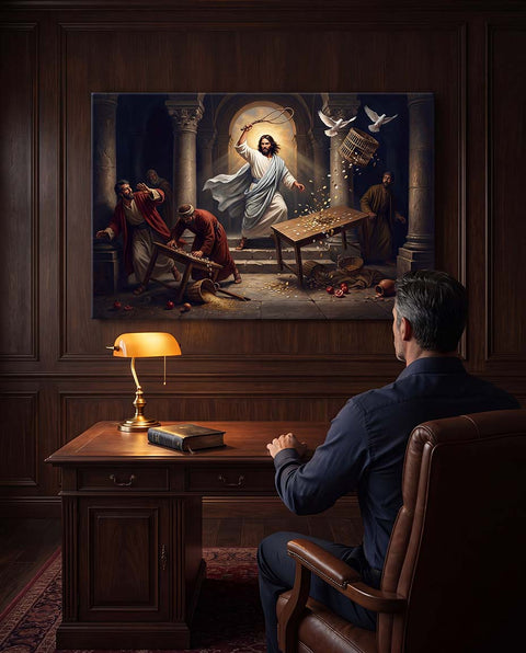 Jesus Cleansing the Temple Christian wall art in dark masculine home office