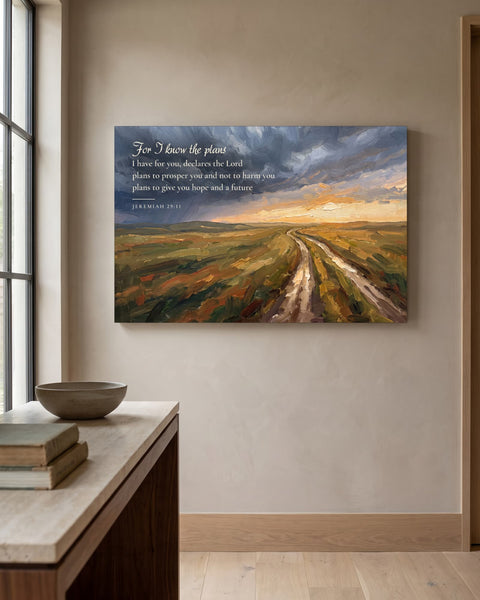 Jeremiah 29:11 painting-style canvas of a dirt road through open grassland under a clearing storm sky, hanging on a taupe plaster wall