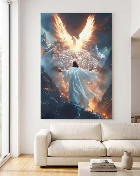 Canvas of Jesus returning in glory with fiery angel wings on a clean white wall in a bright modern minimalist living room