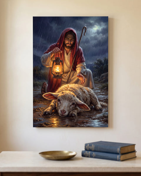 Canvas print of Jesus kneeling in the rain with a storm lantern over an exhausted lamb, front view on a cream plaster wall