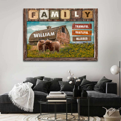 Custom Family Thankful Grateful Blessed Sign Highland Cow Wall Art
